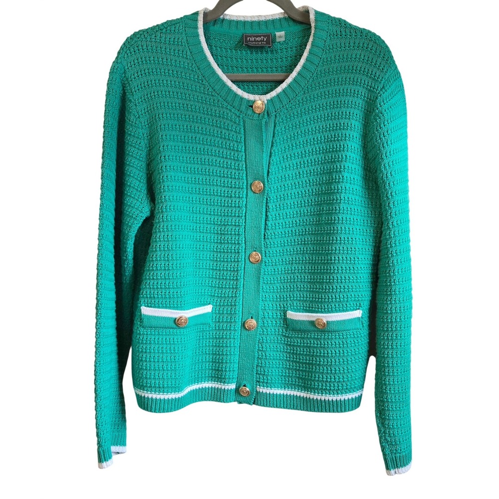 Ninety Clothing Co Green Cotton Knit Cardigan White Trim Gold Buttons Womens L